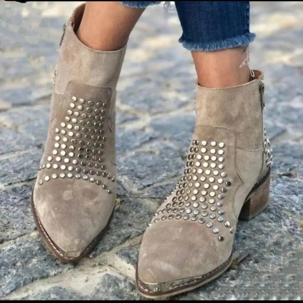 Ankle Boots Studded Pointed Toe Side Zip Chunky Heel - Brown