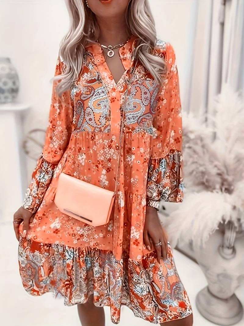 Boho Midi Dress Floral Print V-Neck Long Sleeve Tiered - Orange