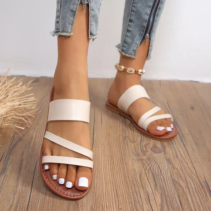 Cross-Strap Sandals Cushioned Flat Slip-On Summer - Beige