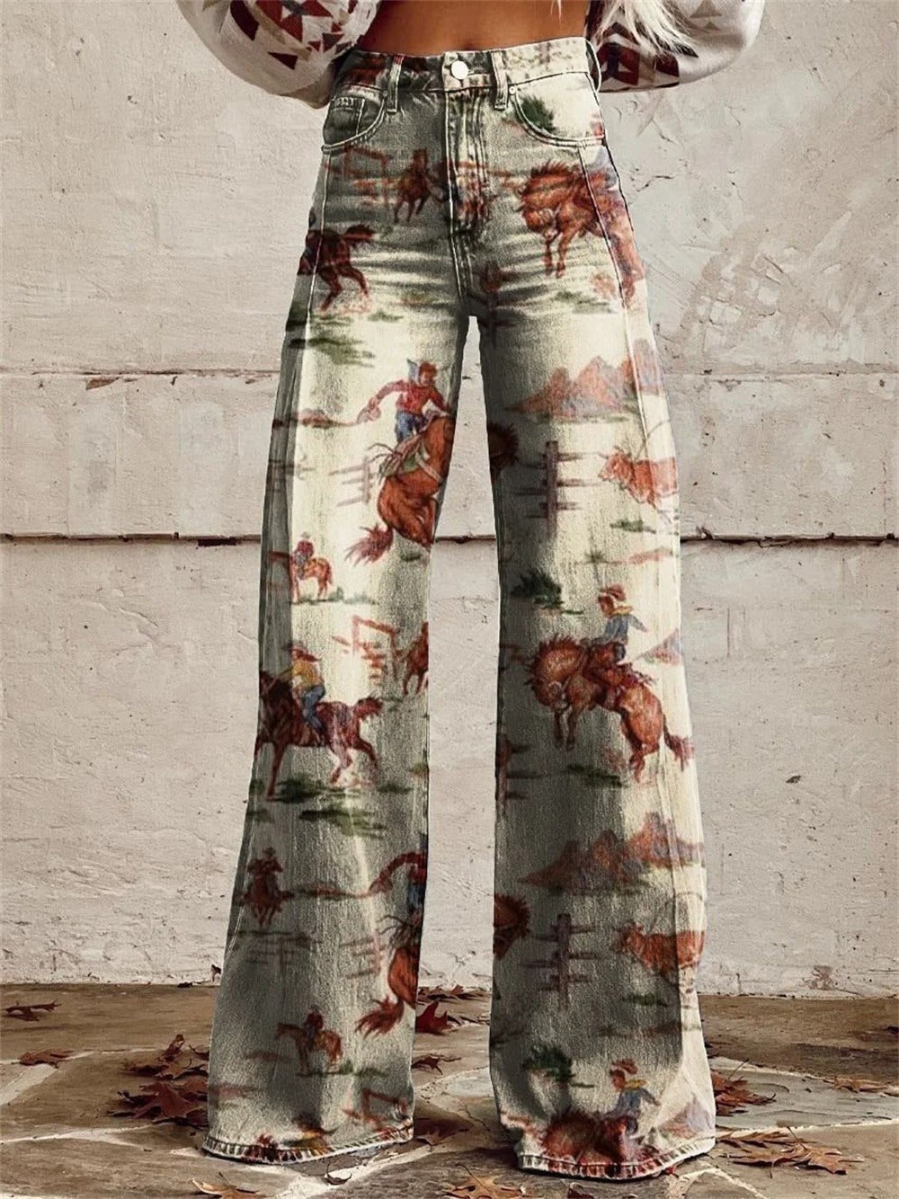 Denim Western Print High-Waist Wide-Leg Pants - Beige
