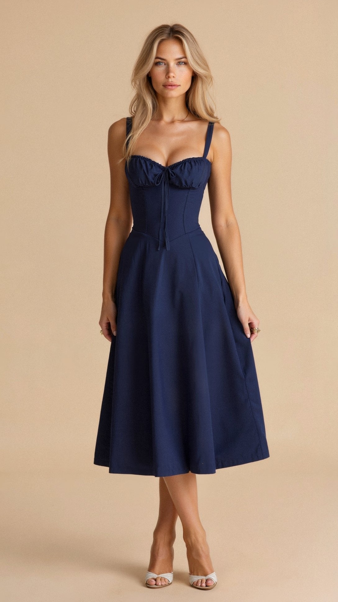 Floral Corset Midi Dress Sweetheart Neckline - Navy Blue
