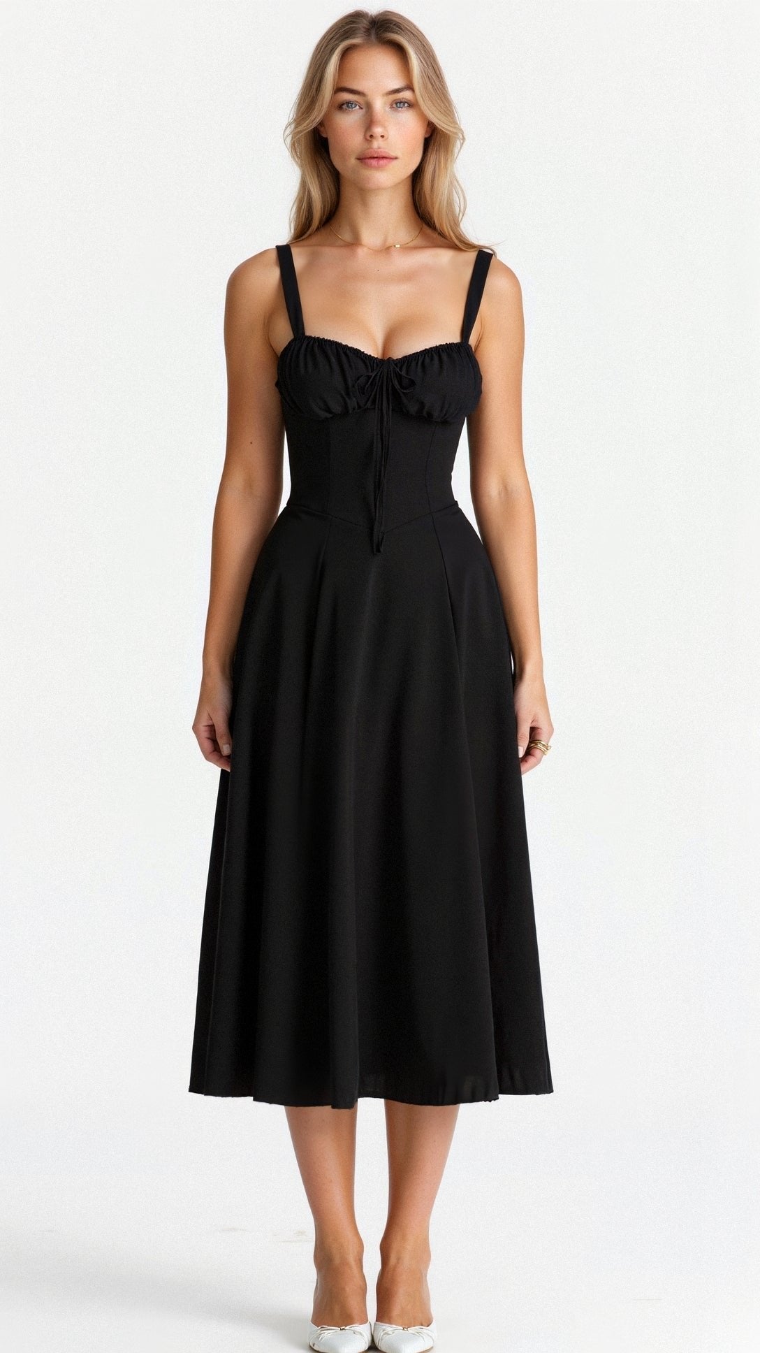 Floral Corset Midi Dress Sweetheart Neckline - Black