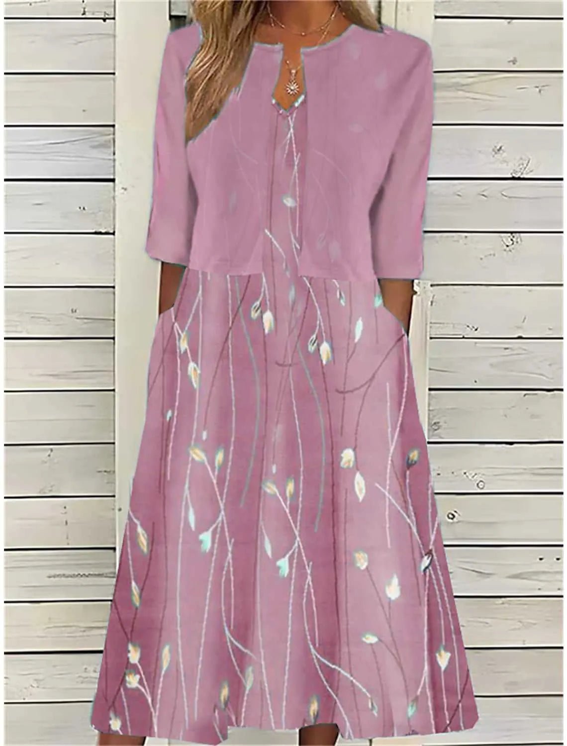 Floral Midi Dress 3/4 Sleeve Cotton Blend Casual - Rosa