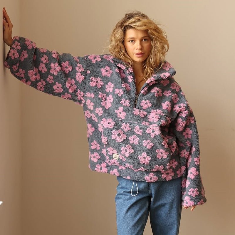 Eleanor | Floral Teddy Fleece Half Zip Jacket Oversized
