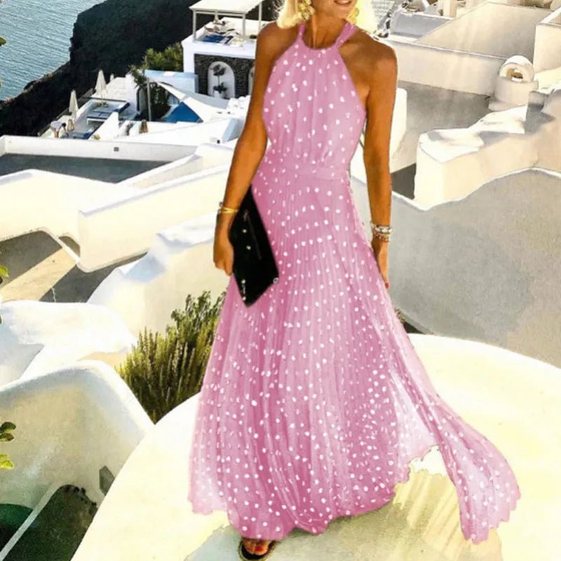 Halter Neck Maxi Dress Polka Dot Pleated Backless Boho - Pink