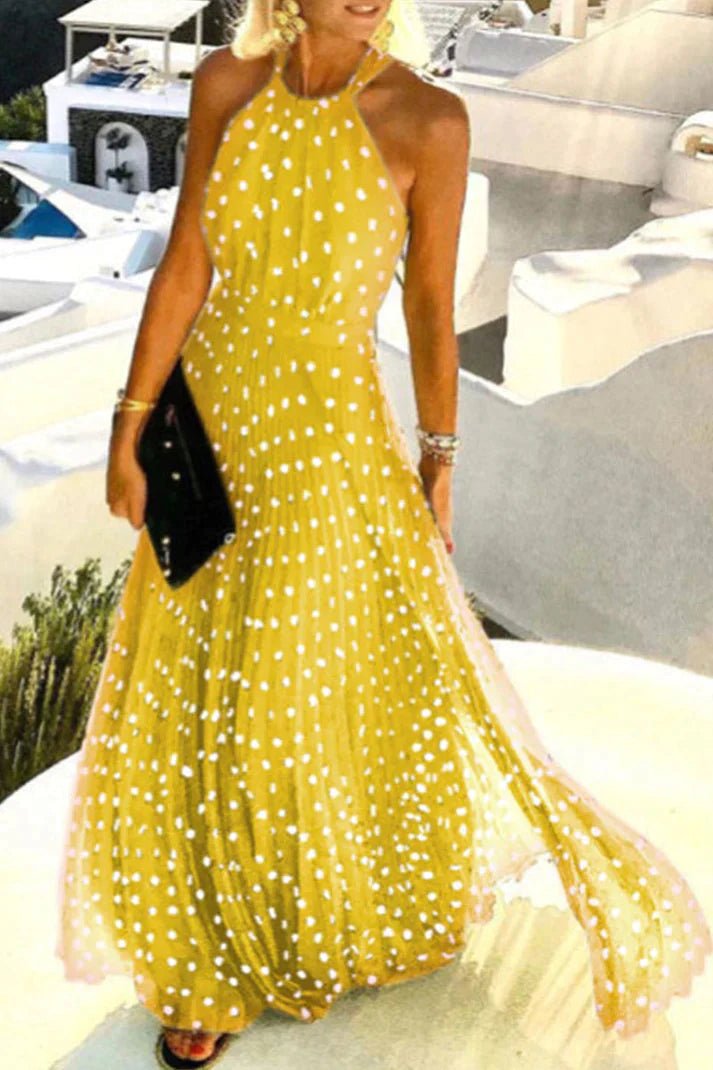 Halter Neck Maxi Dress Polka Dot Pleated Backless Boho - Yellow
