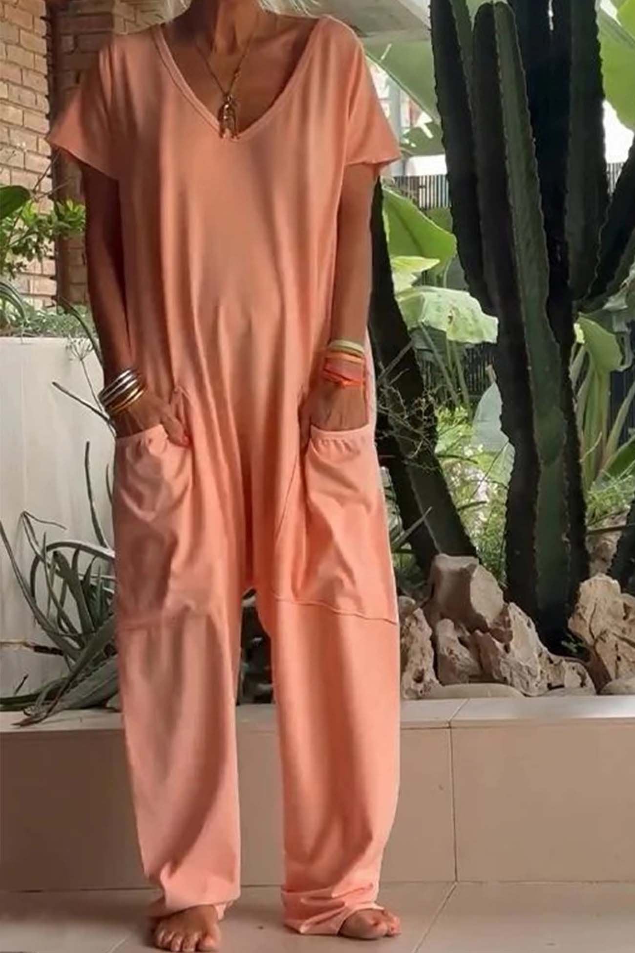 Linen Blend Jumpsuit V-Neck Short Sleeve Wide Leg Pockets - Peach Orange