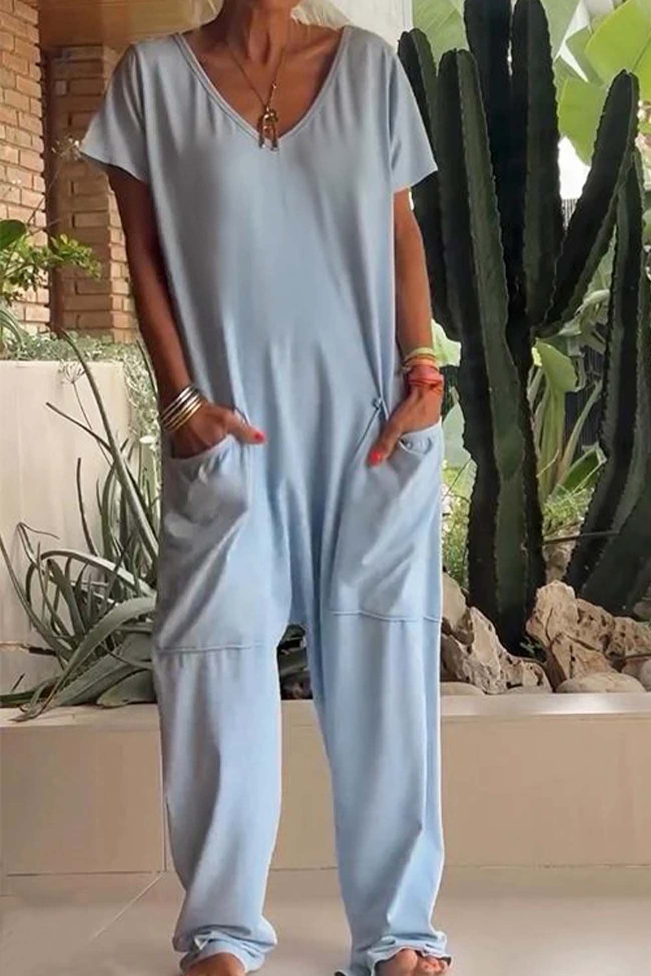 Linen Blend Jumpsuit V-Neck Short Sleeve Wide Leg Pockets - Sky Blue