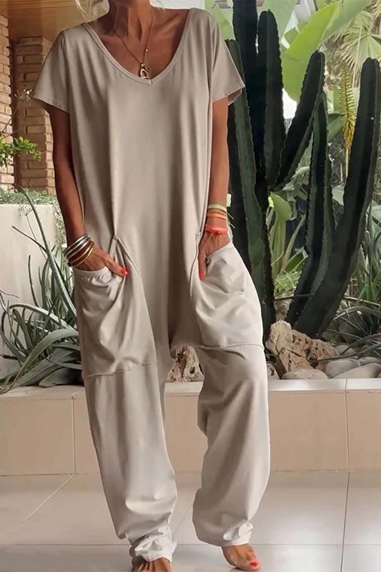 Linen Blend Jumpsuit V-Neck Short Sleeve Wide Leg Pockets - Soft Beige