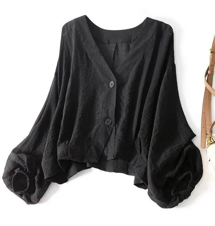 Linen Blouse V-Neck Batwing Sleeves Loose Fit Summer - Black