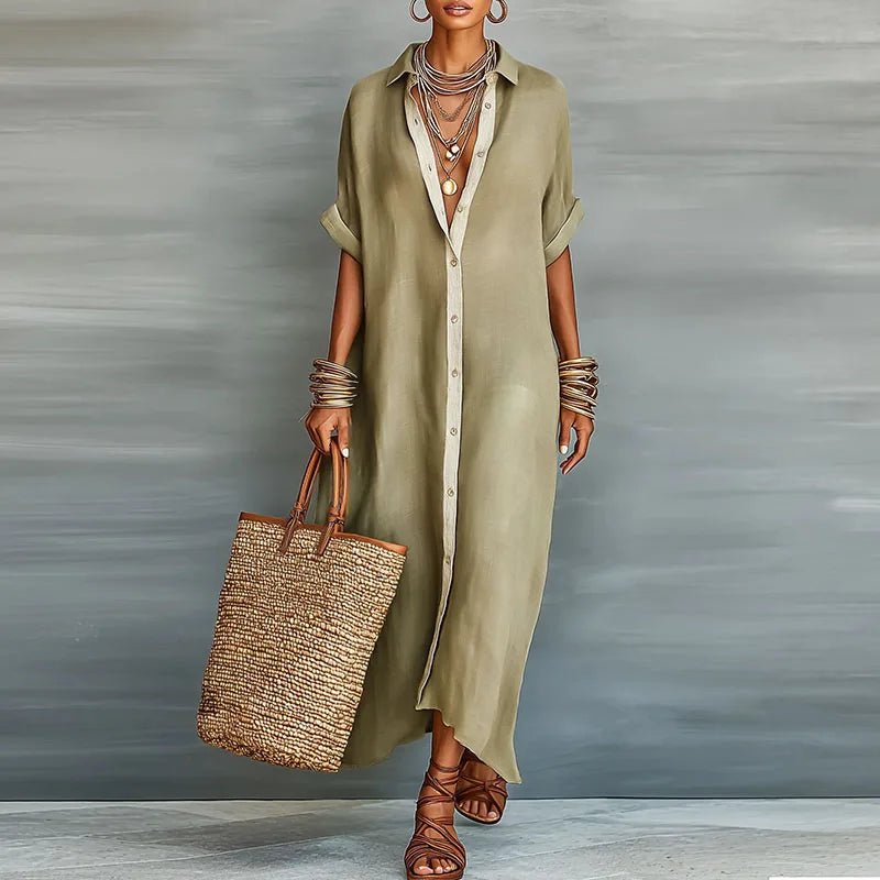 Linen Maxi Shirt Dress Button Down Short Sleeve Relaxed - Khaki