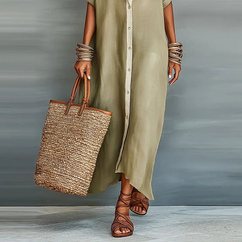Luna | Linen Maxi Shirt Dress Button Down Short Sleeve Relaxed