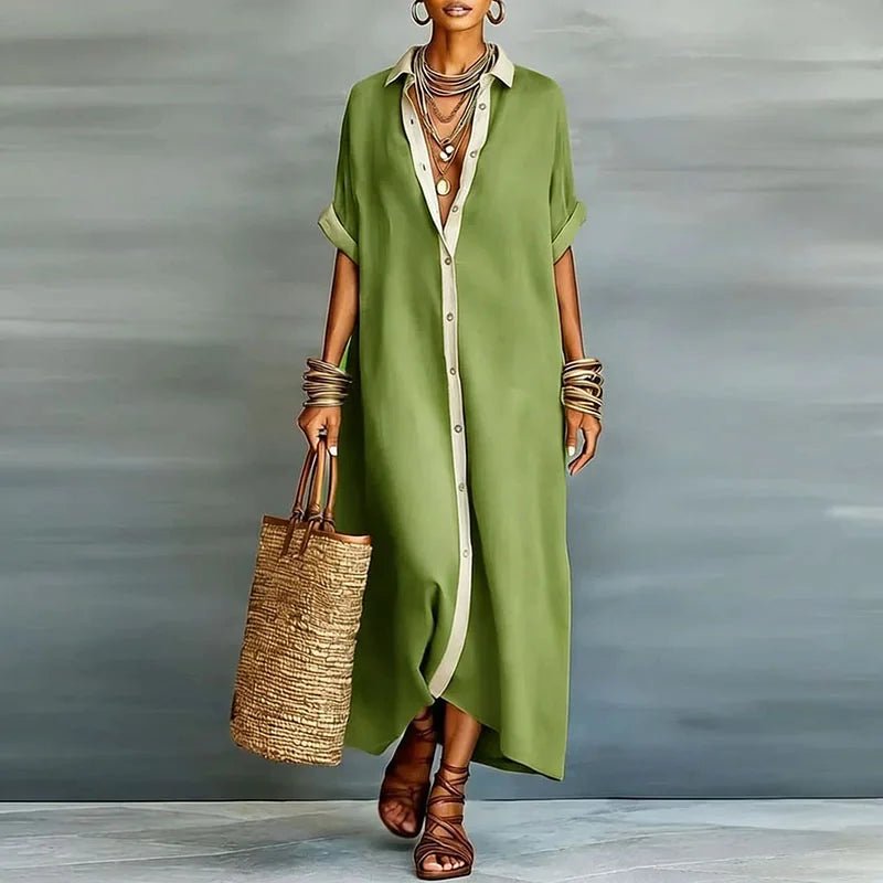 Linen Maxi Shirt Dress Button Down Short Sleeve Relaxed - Green