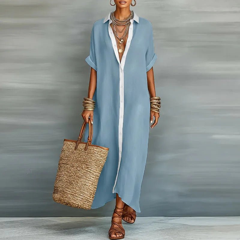 Linen Maxi Shirt Dress Button Down Short Sleeve Relaxed - Sky Blue