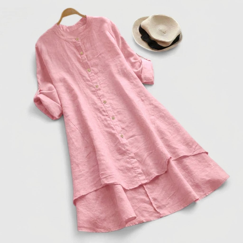 Linen Shirt Dress Button-Down Layered Hem - Pink