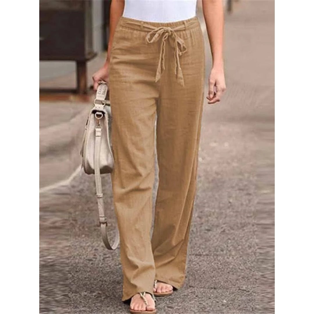 Linen Wide Leg Palazzo Pants Drawstring Waist Casual - Light Brown