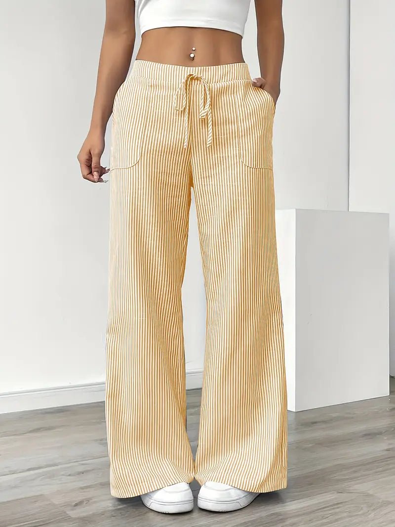 Linen Wide Leg Striped Pants Drawstring Waist Pockets - Yellow