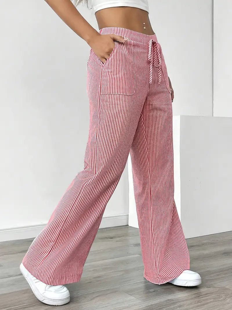 Olivia | Linen Wide Leg Striped Pants Drawstring Waist Pockets
