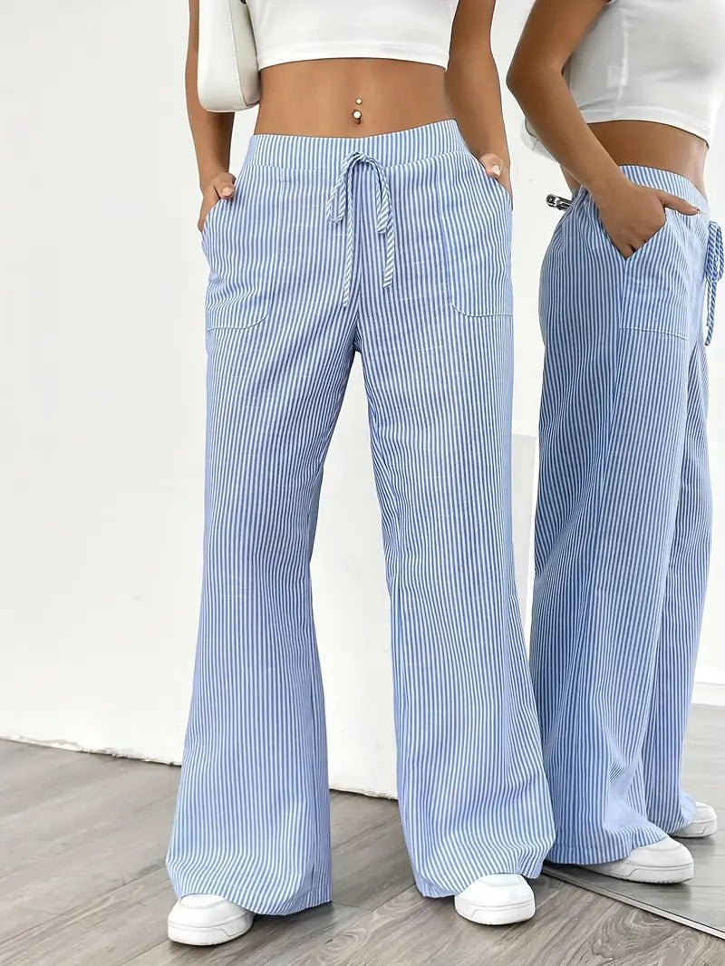 Olivia | Linen Wide Leg Striped Pants Drawstring Waist Pockets