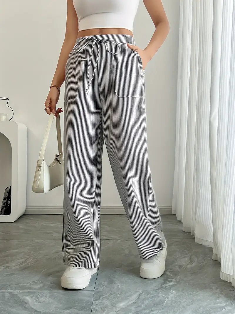 Olivia | Linen Wide Leg Striped Pants Drawstring Waist Pockets