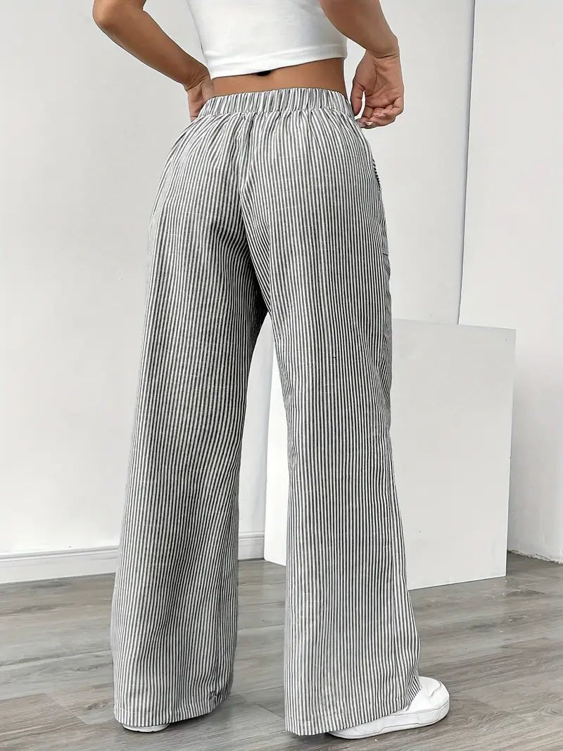 Olivia | Linen Wide Leg Striped Pants Drawstring Waist Pockets