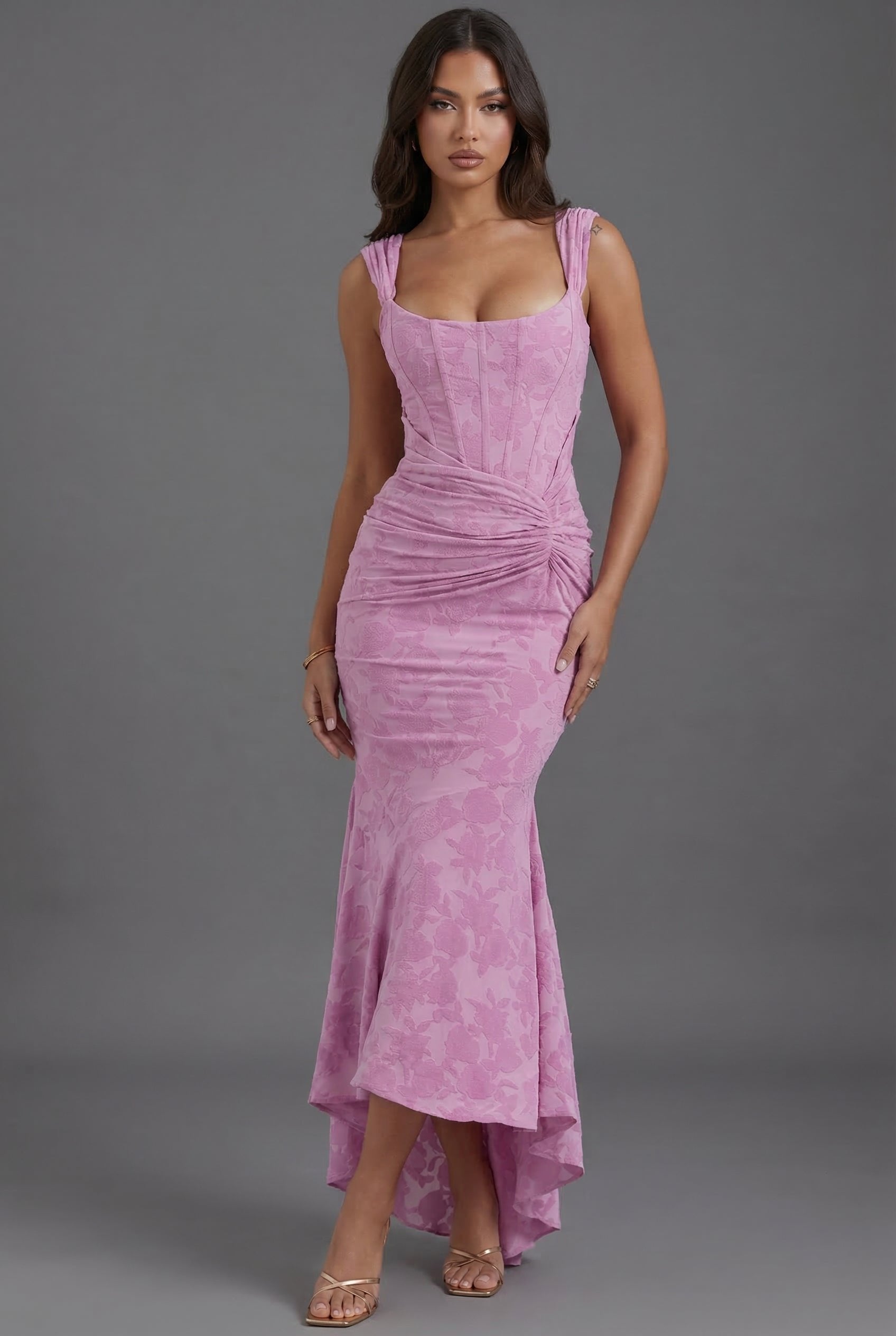 Maxi Dress Corset Bodice Ruched Waist Fishtail Hem - Pink (4 Left)