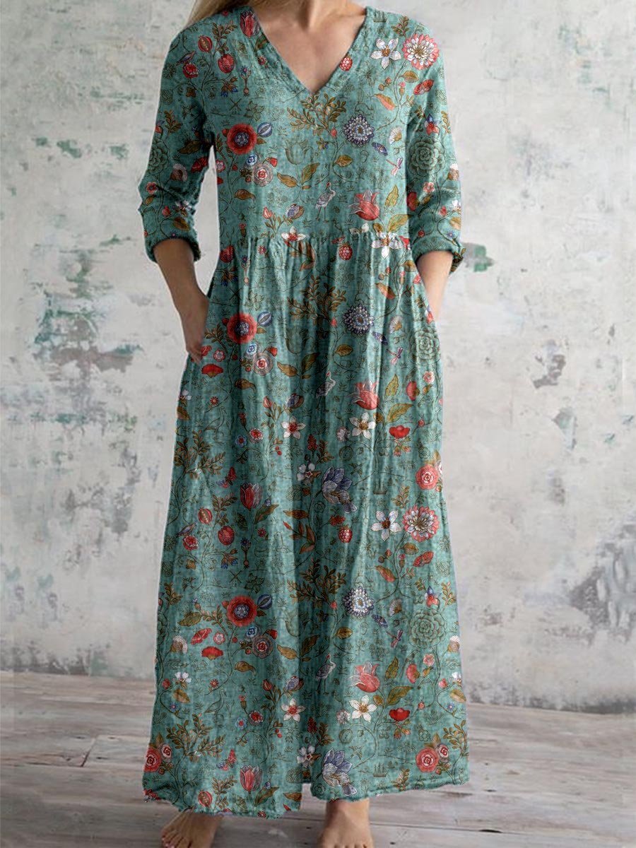 Maxi Dress V-Neck Cotton Bohemian Three Quarter Sleeve Pockets