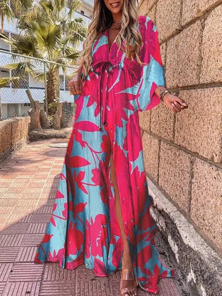 Maxi Dress V-Neck Kimono Sleeve Abstract Print Split - Blue-pink