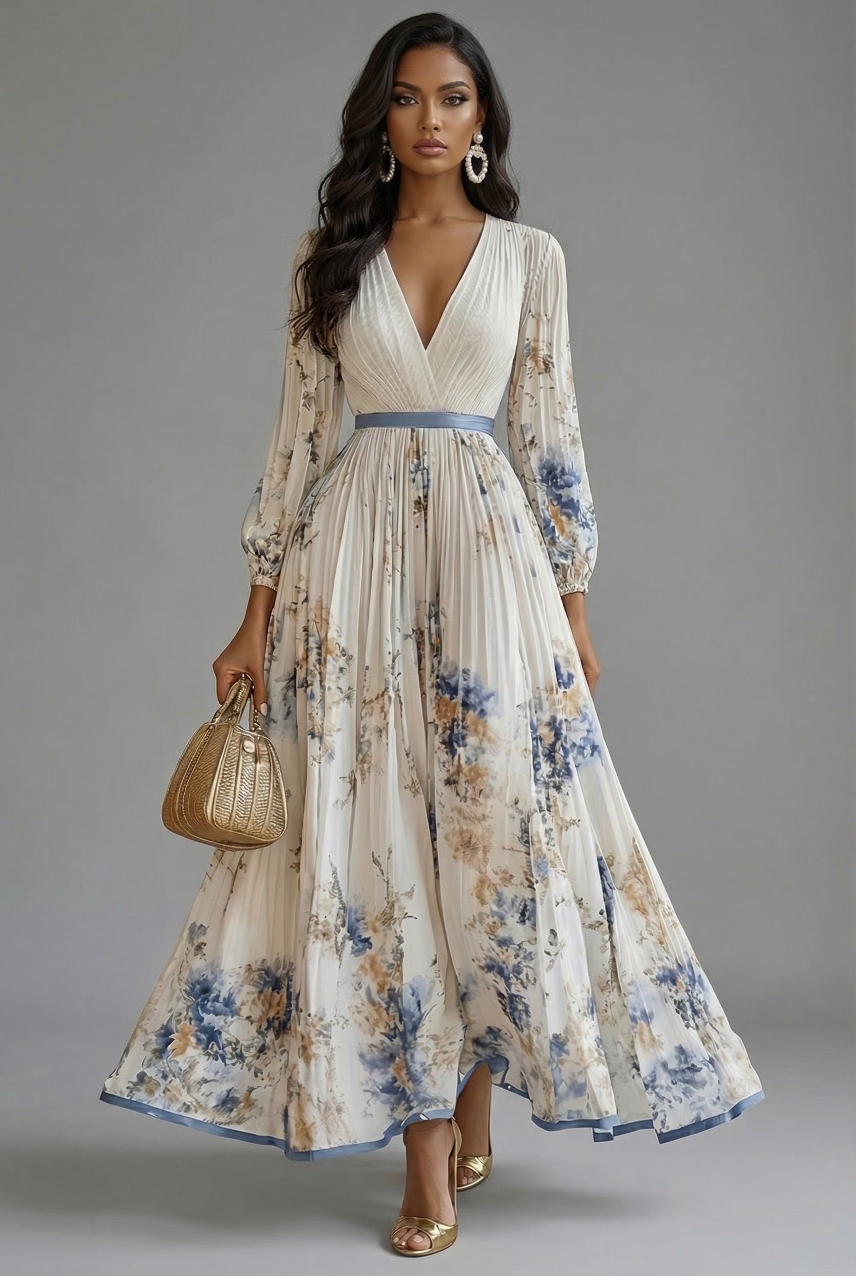 Maxi Dress V-Neck Long Sleeve Pleated Floral Print - White