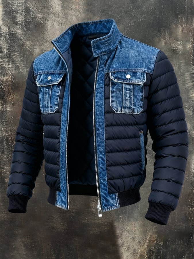 Men's Denim Puffer Jacket Quilted Bomber Thermal Insulation - Denim