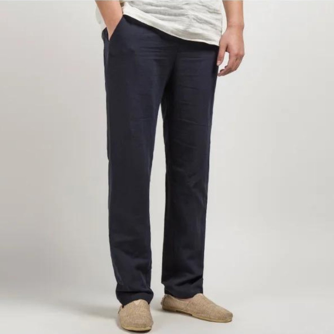 Men's Linen Pants Straight Leg Elastic Waist Casual - Navy