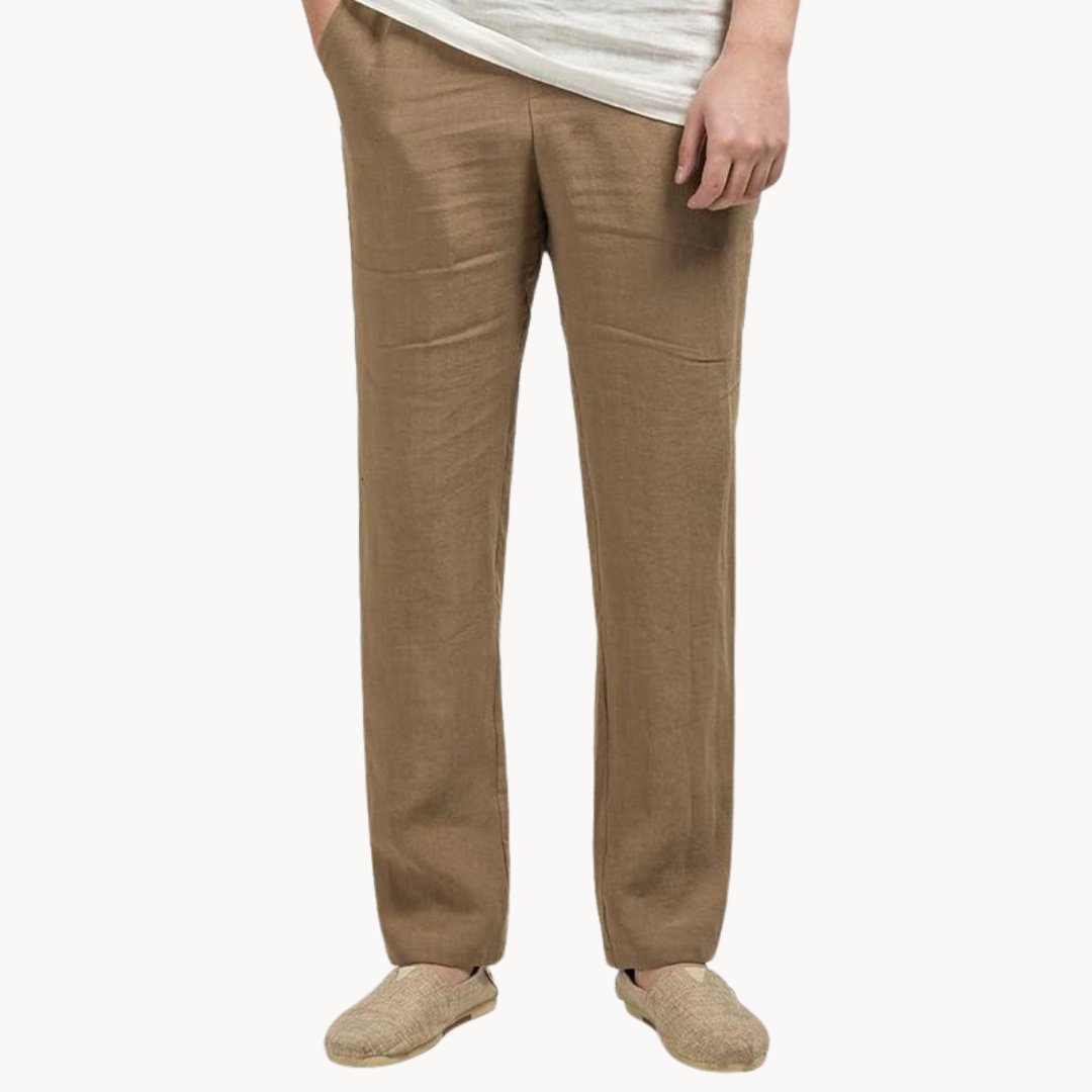 Men's Linen Pants Straight Leg Elastic Waist Casual - Brown