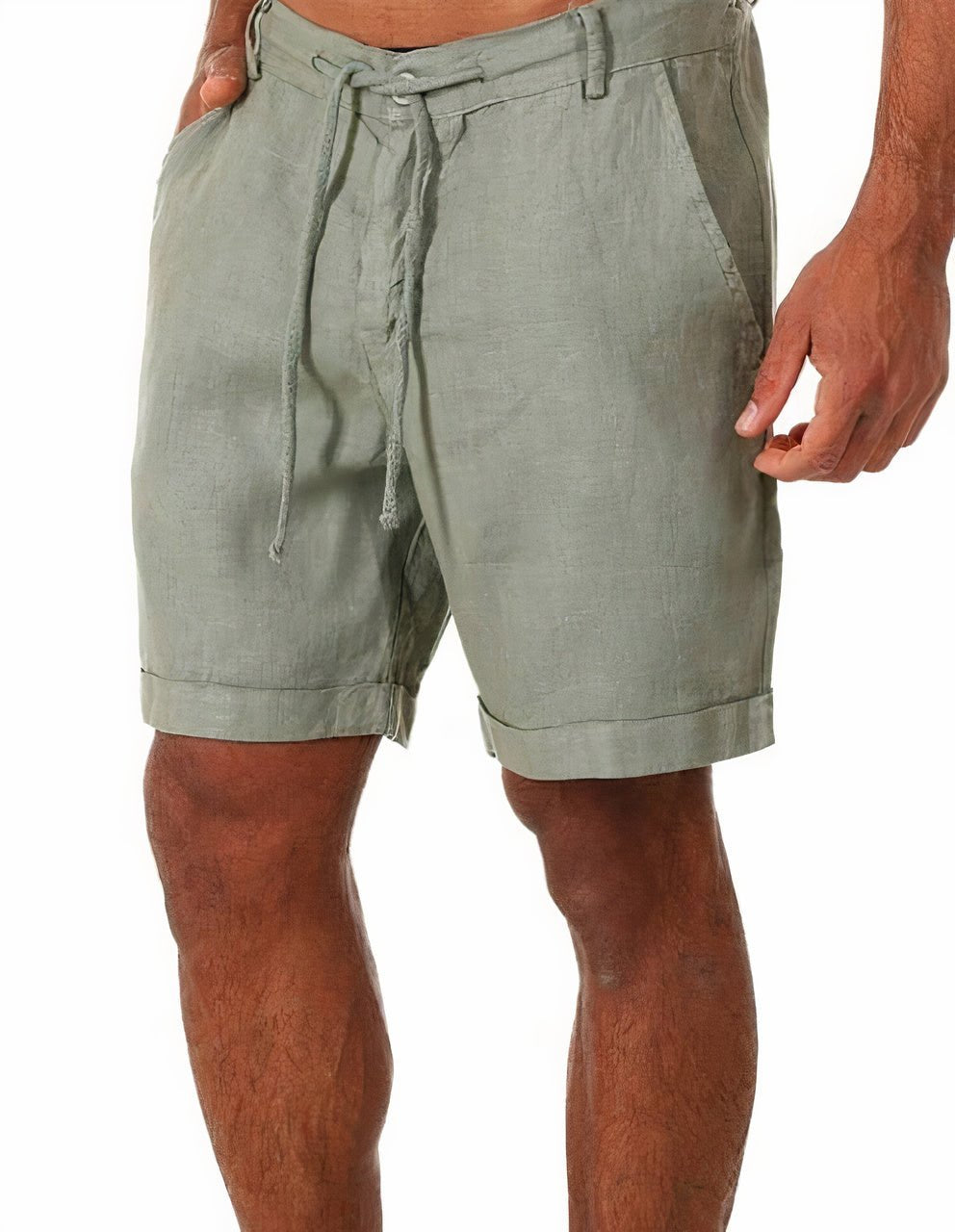 Men's Linen Shorts Cuffed Drawstring Mid Length Summer - Green