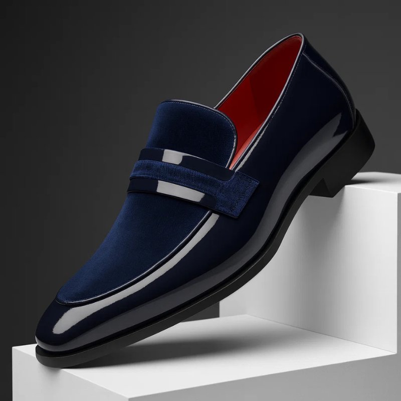 Men's Penny Loafers Italian Leather Suede Detail Slip-On - Navy Blue