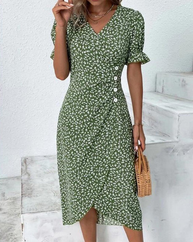 Midi Wrap Dress V-Neck Floral Print Button Side - Green