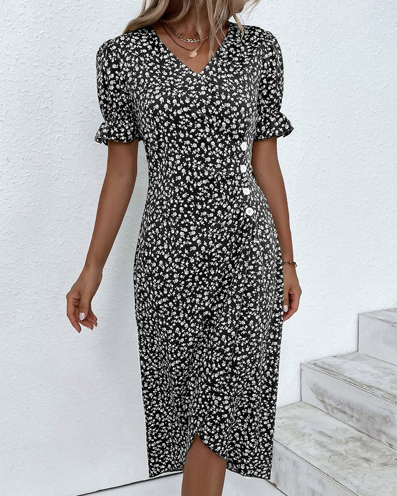 Olivia | Midi Wrap Dress V-Neck Floral Print Button Side