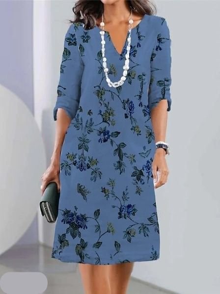 Plus Size Floral Dress V-Neck Short Sleeve Midi A-Line - Blue