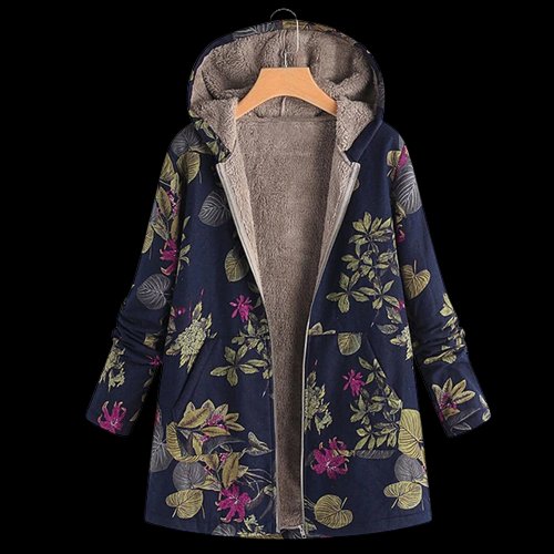 Plus Size Hooded Floral Coat Winter Fleece Lined - Navy Blue