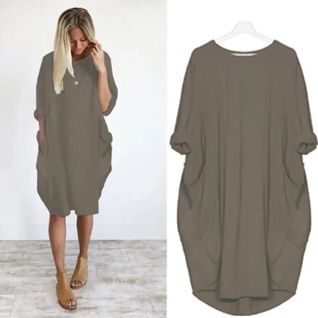 Plus Size Midi Dress with Pockets Oversized Casual Comfort - Dark Gray