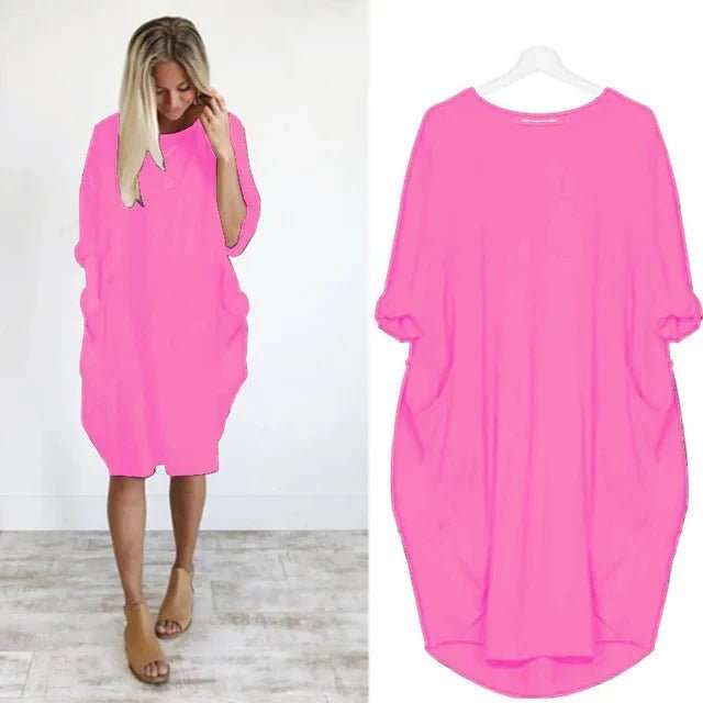 Plus Size Midi Dress with Pockets Oversized Casual Comfort - Pink