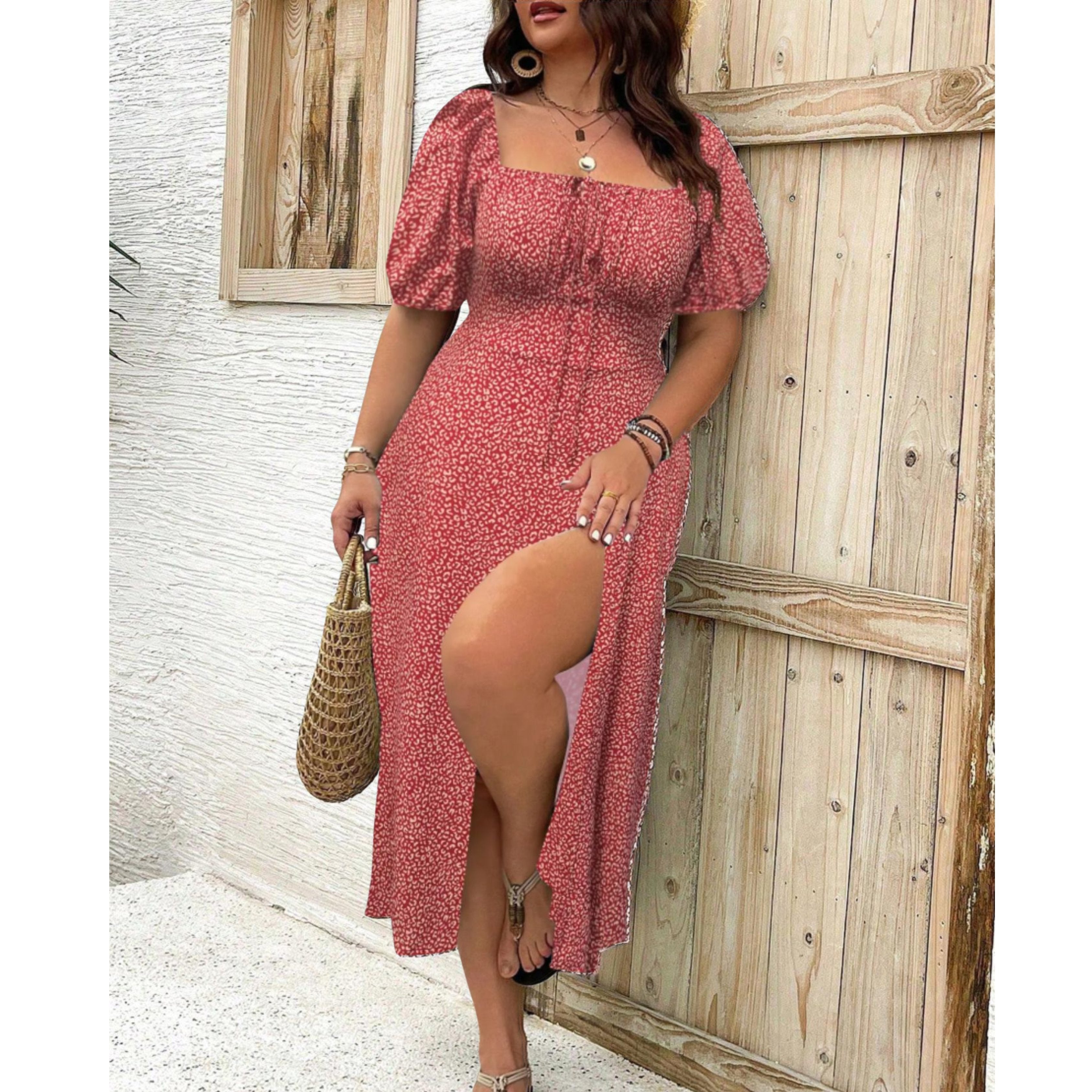 Plus Size Puff Sleeve Maxi Dress Elegant Flowing Formal - Red