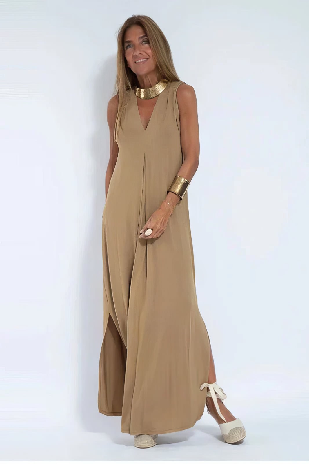 Plus Size Sleeveless Maxi Dress V-Neck Casual Elegant - Coffee
