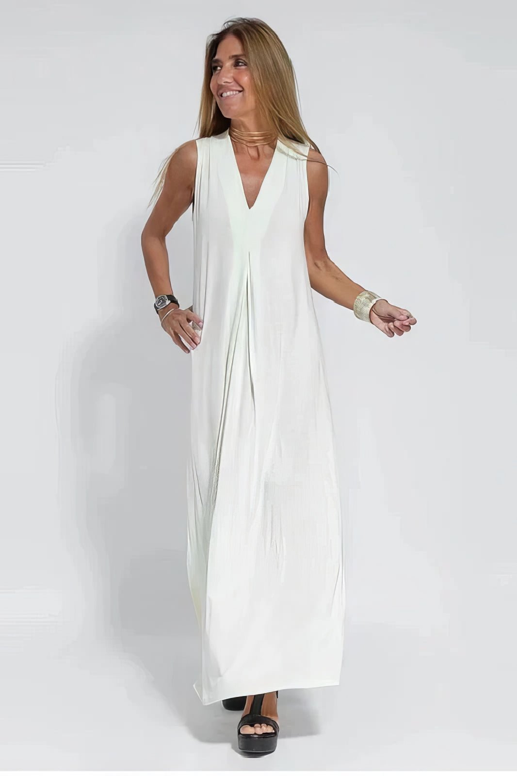 Plus Size Sleeveless Maxi Dress V-Neck Casual Elegant - White