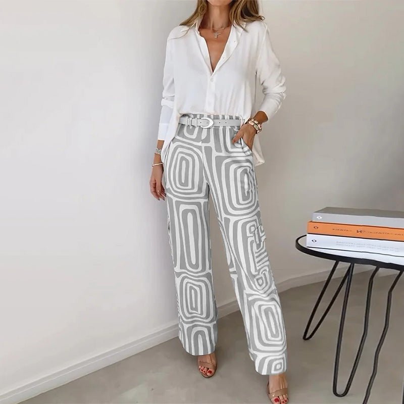 Plus Size Two Piece Set Button Up Shirt Wide Leg Pants - Gray