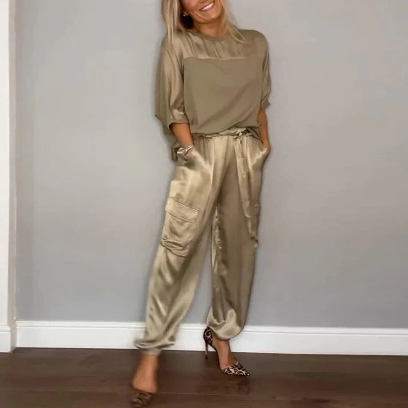 Plus Size Two Piece Set Cargo Pants Drawstring Utility - Gold