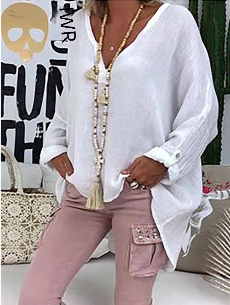 Plus Size Women's V-Neck Blouse Long Sleeve Relaxed Fit - White