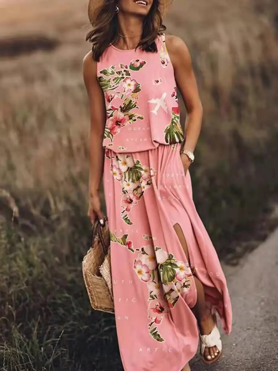 Sleeveless Maxi Dress Elastic Waist Bohemian Summer - Pink