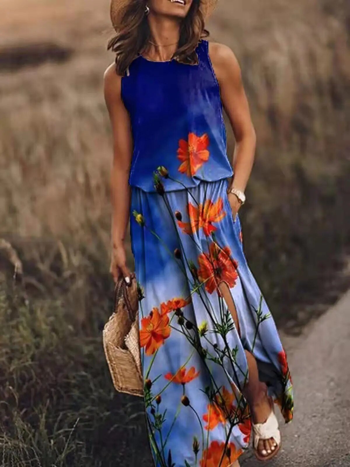 Sleeveless Maxi Dress Elastic Waist Bohemian Summer - Blue