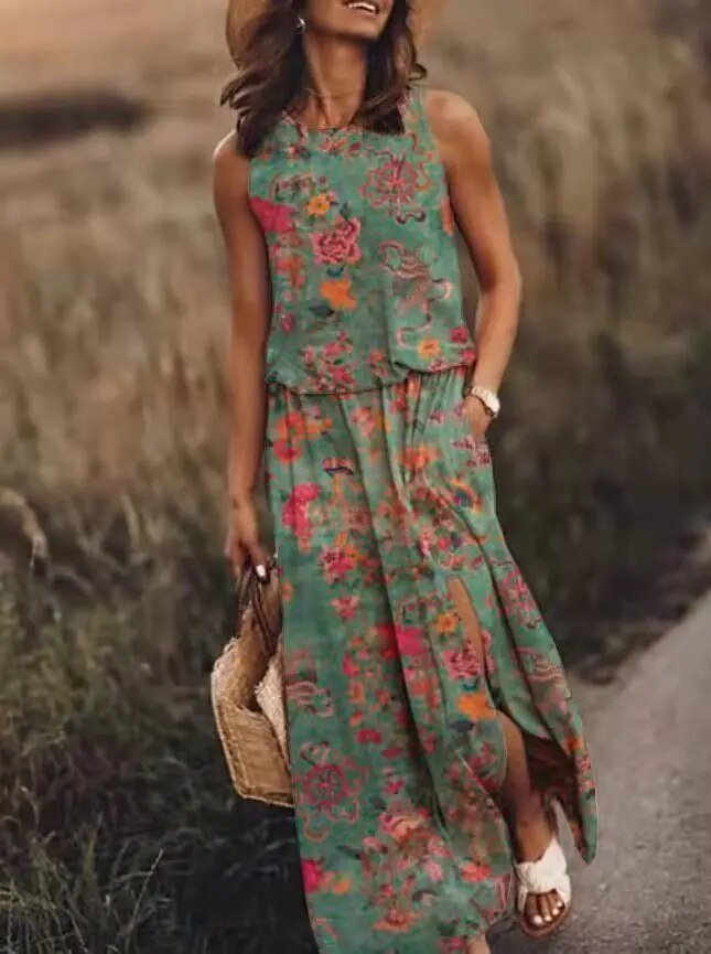 Sleeveless Maxi Dress Elastic Waist Bohemian Summer - Light Green