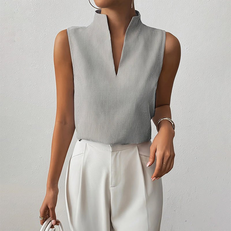 Sleeveless Striped V-Neck Blouse Stand Collar - Gray